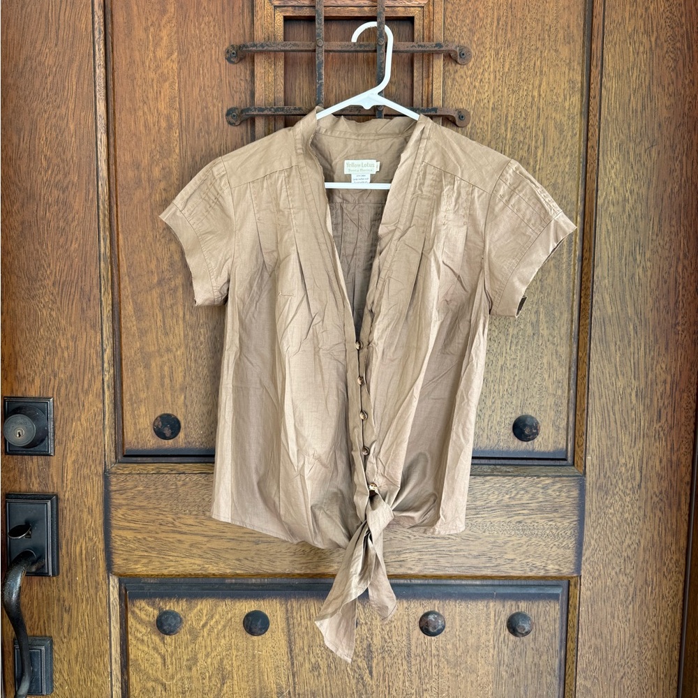 100%cotton brown Button-Up Tie-Front Top Size M